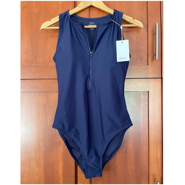 Quince Italian Zip Front One Piece Swimsuit Deep Navy Blue Size Medium NEW - Image 2