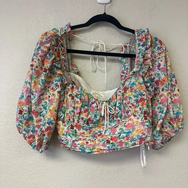 For Love & Lemons Floral Claude Puff Sleeve Crop Top Pink Blue Size Large - Image 2