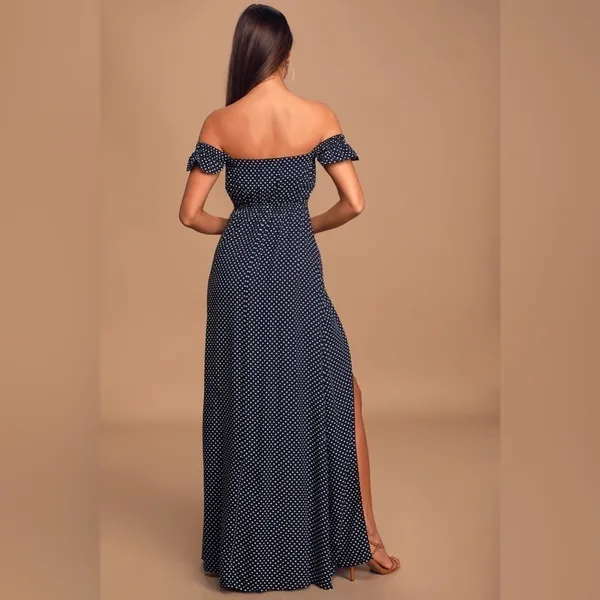 Lulus Dream Love Polka‎ Dot Off-the-Shoulder Maxi Dress In Navy Blue Size Small - Image 3