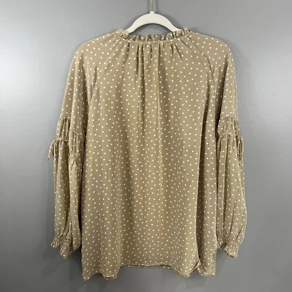 Susan Graver Tan White Polka Dot Sheer Chiffon Raglan Sleeve Peasant Top Medium - Image 5