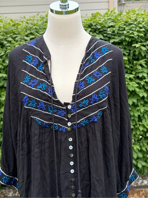 Free People Embroidered Boho Tunic Top Black Blue Festival Peasant Indie Artisan - Image 3