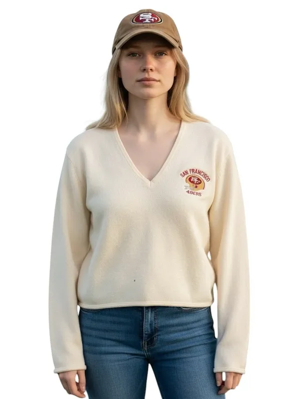 Etonic Vintage San Francisco 49ers Zephyr Wool V-Neck Sweater Cream L *HOLE* - Image 2