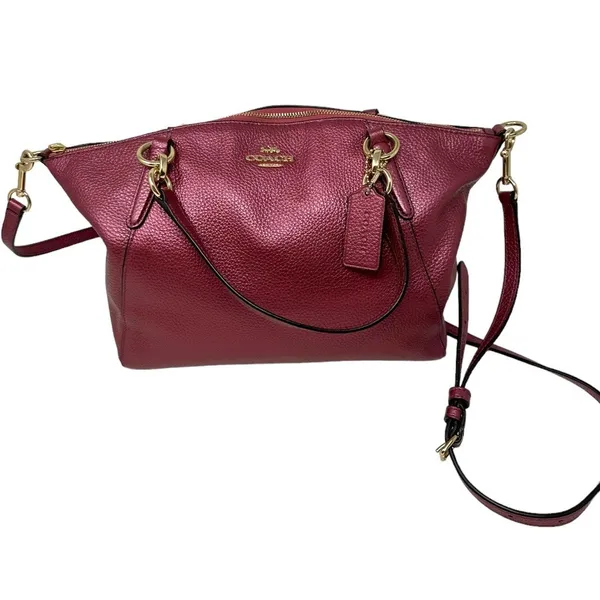 Coach Pebbled Leather Satchel Crossbody Bag Metallic Burgundy Gold Hardware - Image 12