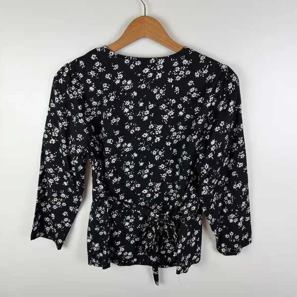 Reformation Black Floral Tie Back Babydoll Blouse Medium Lightweight‎ Feminine - Image 4