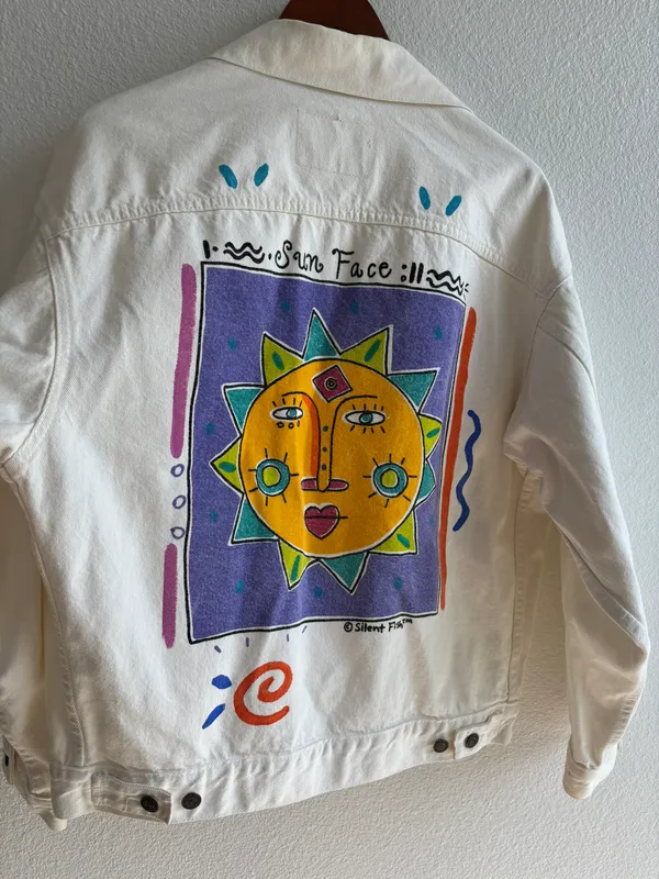 Silent Fish Vintage White Sun Face Denim Jacket - Image 5