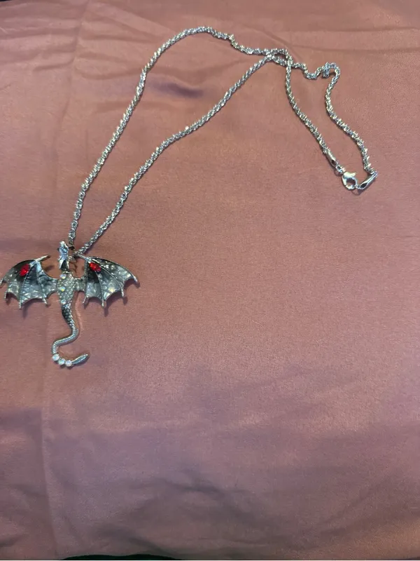 Silver Dragon Pendant Necklace with Red Gem Accents - Image 3