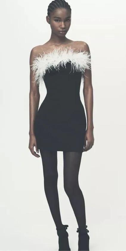 Zara dress mini bodycon Elegant Black and White Feather holiday party coctail - Image 16