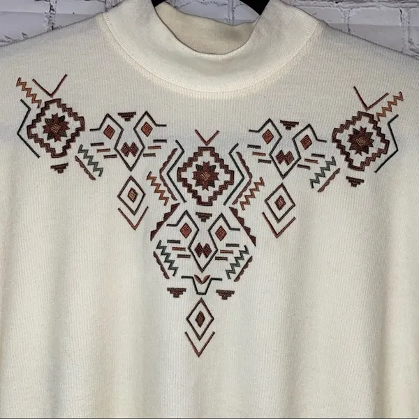 Vintage Southwestern Aztec‎ Sweatshirt Petite Medium Cream Mock Neck Pullover - Image 2