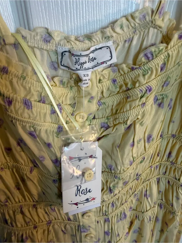 Hippie Rose Yellow Smocked Sundress with Floral Print XS NWT - Image 3
