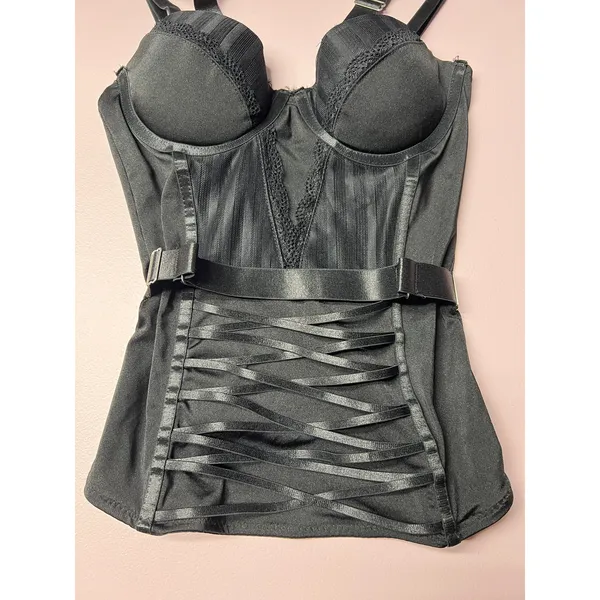 Womens Black Overbust Bustier Top XS Underwired Demi Cups Lace Adjustable Straps - Image 3