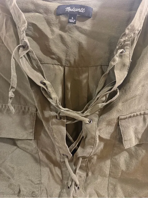 Madewell Olive Green Lace-Up 100% Silk Long Sleeve Blouse - Image 2