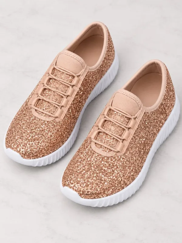 Women’s Rose Gold Glitter Slip-On Sneakers Elastic Lace Size 8 NWT - Image 4