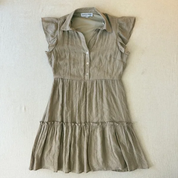 Emma &‎ Michele Shirt Dress Womens Medium Tan Flutter Sleeve Tiered Boho - Image 3