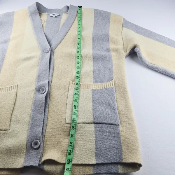 OAT New York Striped Knit Cardigan Sweater Pockets Cream Gray Women's‎ Large - Image 8