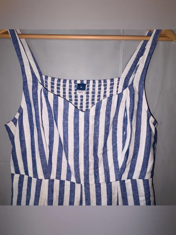 Old Navy Striped Maxi Dress‎ Med Blue White Linen Cottagecore Picnic Dorothy - Image 4