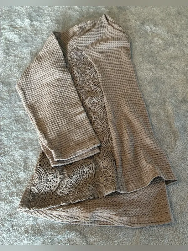 Women’s Indigo Soul Taupe Lace-Panel Waffle Knit Long-Sleeve Top Size X-Large - Image 7