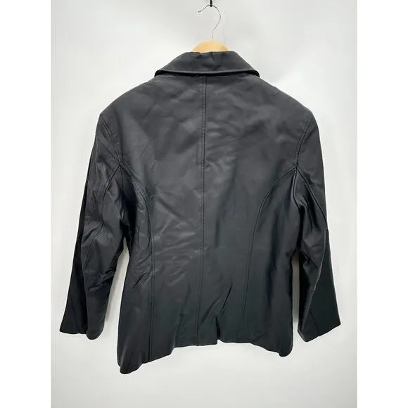 Black Leather Biker Jacket Womens Large Full Zip Quilted Lining Edgy Moto Grunge - Image 11