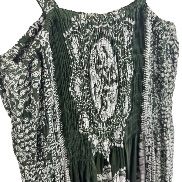Urban Celt One Size Maxi Dress‎ Dark Green White Smocked Bodice Rayon Sundress - Image 3
