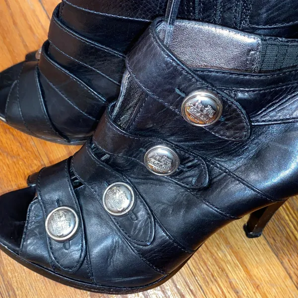 Coach Black Leather Peep Toe Button Gladiator Heels - Image 2