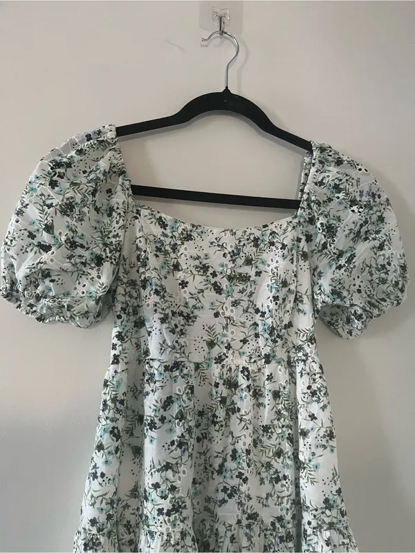 100% Cotton Green White Floral Puff Sleeve Mini Dress Small Cottagecore Romantic - Image 2