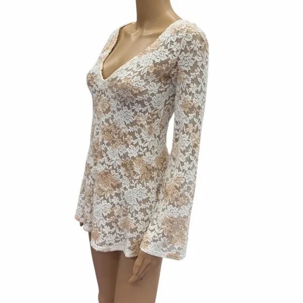 T Party Floral Lace Sheer Long Sleeve Tunic Top Womens Small - Image 2