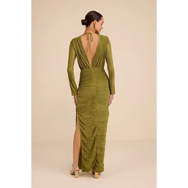 Lulus Seren Olive Green Plisse Surplice Maxi Dress Formal Long Sleeve Small NWT - Image 4