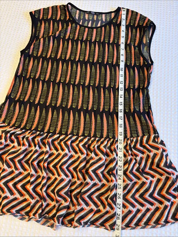 Zara MEDIUM Boho Tunic Top Sleeveless Blouse Black Coral Patterned Ruffle Hem - Image 12
