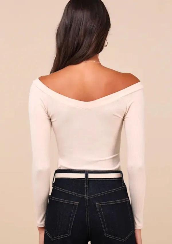 Simply Polished Cream Ribbed Off-the-Shoulder Bodysuit - Image 3