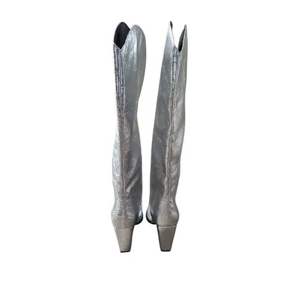 Steve Madden Metallic Silver Crinkled Knee High Block Heel Pointed Toe Boots 6.5 - Image 4