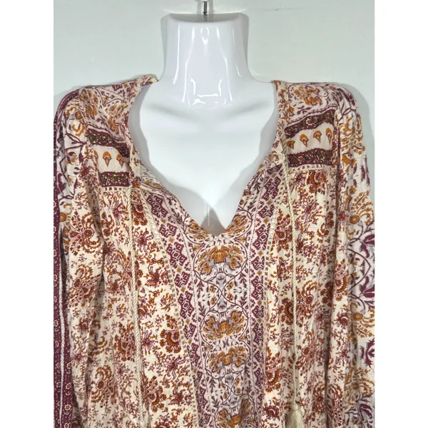 Lucky Brand Womens Boho Floral Paisley Peasant Top Tassel Studded Orange Small‎ - Image 2