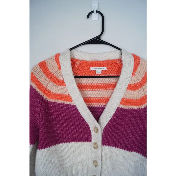 American Eagle Striped Cardigan Button Front Multicolor Pink Cream Fuzzy Size XS - Image 5