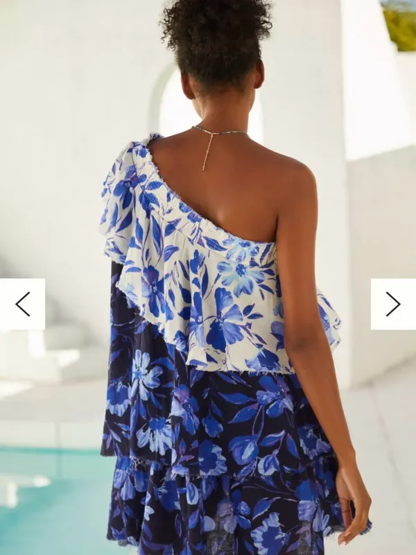 Anthropologie Boho Floral One-Shoulder Ruffle tier Mini Dress Resortwear fairy - Image 4