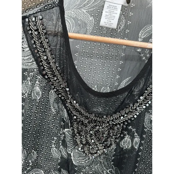 Soft Surroundings Black Cream Sheer Beaded‎ Poncho Swim Cover Up S/M 26733 - Image 5