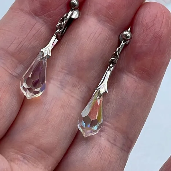 Vintage Sterling silver teardrop AB coated faceted crystal earrings. - Image 3
