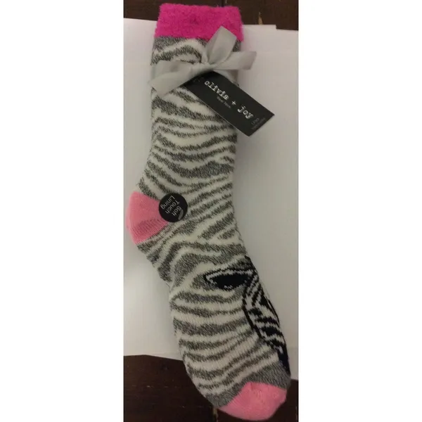 Olivia + Joy Womens OS Fuzzy‎ Socks Slippers Grey Zebra Print Pink Accents New - Image 3