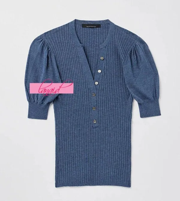 White House | Black Market Elbow Sleeve Cashmere Blend Puff Henley Sweater Blouse V-Neck Fuzzy Ribbed - Image 6