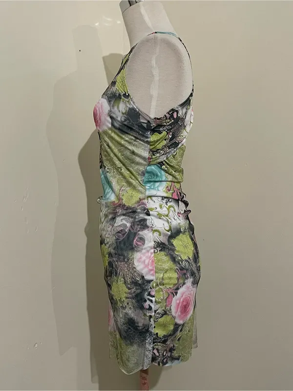 Floral Mesh Mini Dress in Pastel Pink & Aqua - Image 2