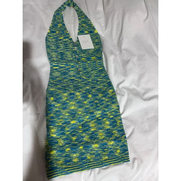 NIA Fabianna Knit Halter Mini‎ Dress Blue Yellow Space Dye Size XS NWT - Image 5