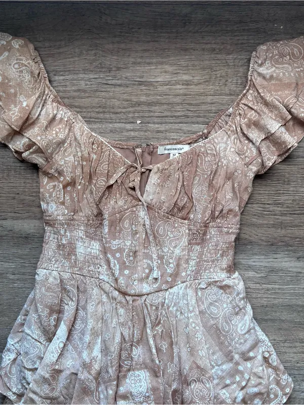 Francesca's Collections Beige Paisley Tiered Ruffle Midi Dress Cottagecore Boho - Image 4