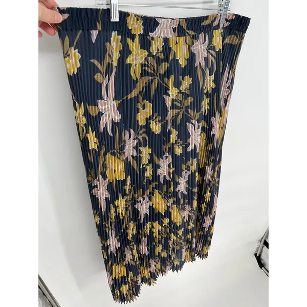 LOFT Pleated Maxi‎ Skirt XL Dusty Blue Yellow Floral Elastic Waist Accordion - Image 10