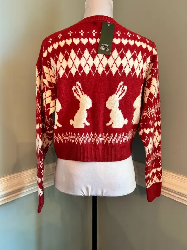 wild fable Red and White Bunny Knit Cropped Cardigan - Image 2