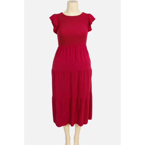 Zesica Smocked Elastic Waist Tiered Midi Dress with Flutter Sleeve Plum Size M - Image 2