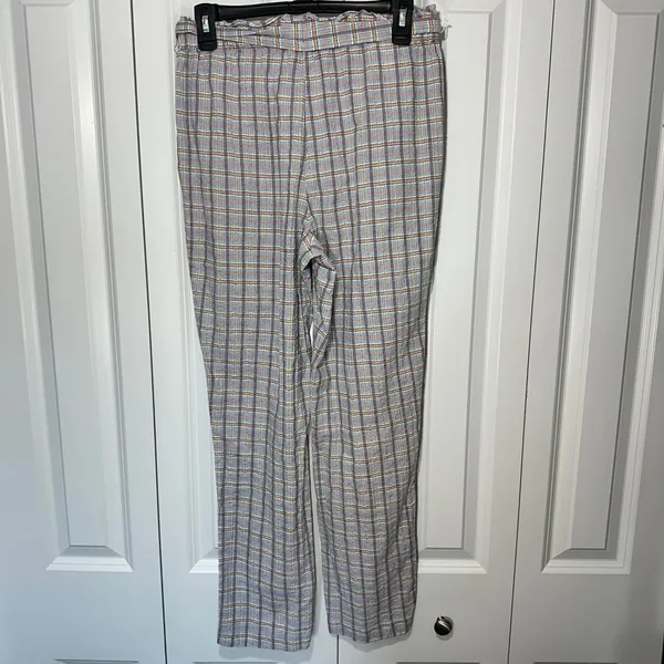 BCBGeneration Plaid Pants Womens S Blue Multi Paperbag Waist Tie Cotton Trousers - Image 3
