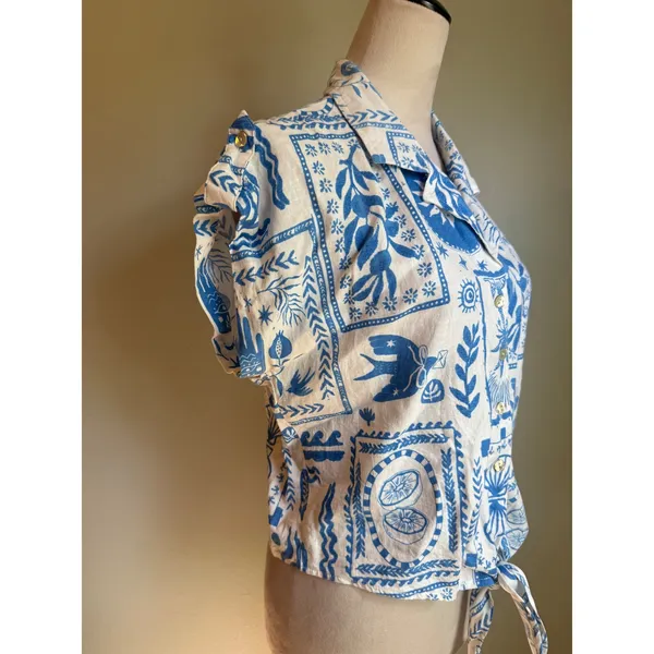Calypso St Barth Blue White Linen Palm hamsa‎ tie Crop Top Shirt M boho beach - Image 2