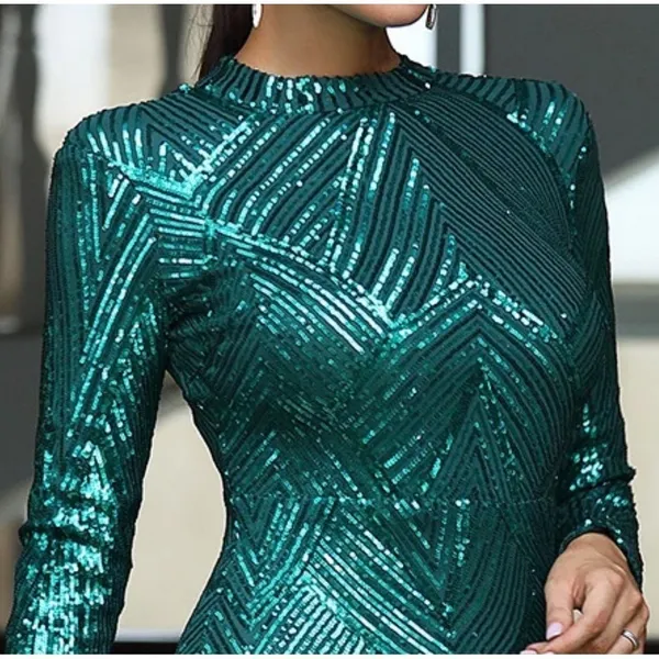 Emerald Green Sequin Geometric Chevron Maxi Dress Long Sleeve Mock Neck Gown - Image 3