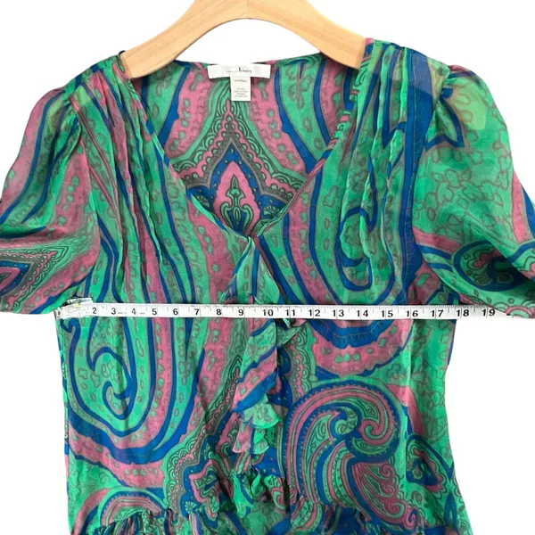Anthropologie Trinity Blouse M Green‎ Silk Paisley Sheer Ruffle Forest Fairy Top - Image 5
