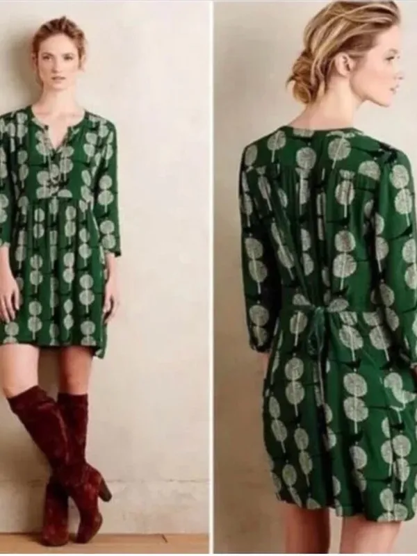 Maeve Green Printed Mini Swing Dress packets and laces at the back adjustment S - Image 2