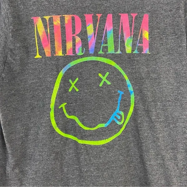 Nirvana Gray T-Shirt with Pink and Green Logo Women’s Size Large - Image 2