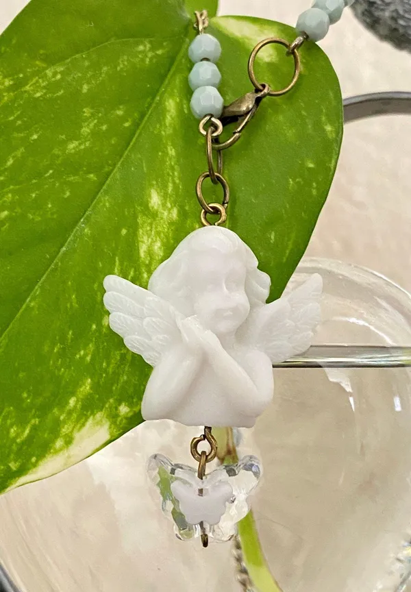 Handmade y2k Kawaii romance goth angel/cherub Self-adjust chain necklace🦋💚👼🌹 - Image 2