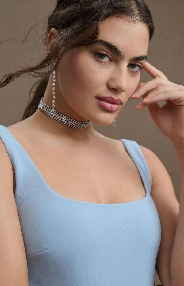 Ashlynn Square-Neck Stretch Crepe Side-Slit Gown, Light Blue Size 10 - Image 2